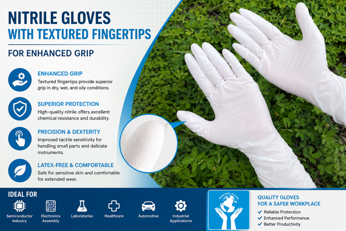 Nitrile gloves with textured fingertips