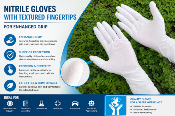 Nitrile gloves with textured fingertips