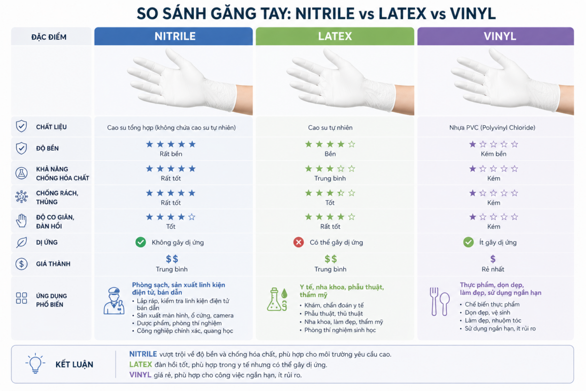 so sánh Nitrile Latex và Vinyl