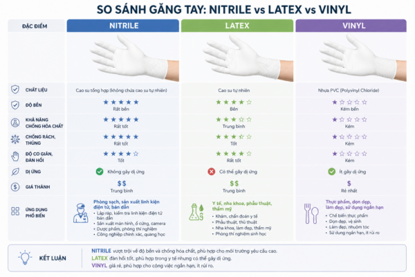 so sánh Nitrile Latex và Vinyl