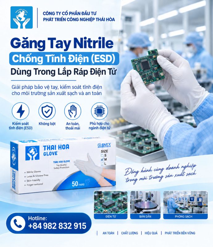 Găng Tay Nitrile Chống Tĩnh Điện Dùng Trong Lắp Ráp Điện Tử