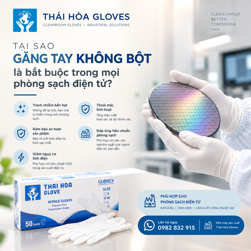 Tại sao găng tay không bột là bắt buộc trong mọi phòng sạch điện tử?